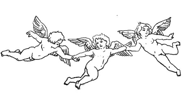 three cherubs flying in the sky with their wings spread out, and one is holding