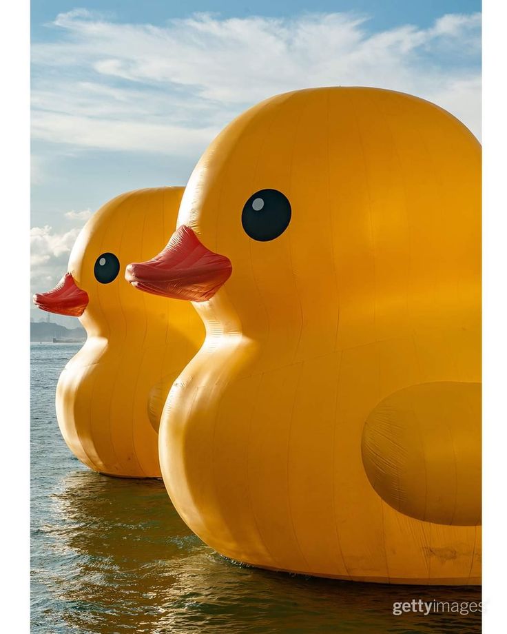 two large yellow rubber ducks floating on top of the water in front of a blue sky