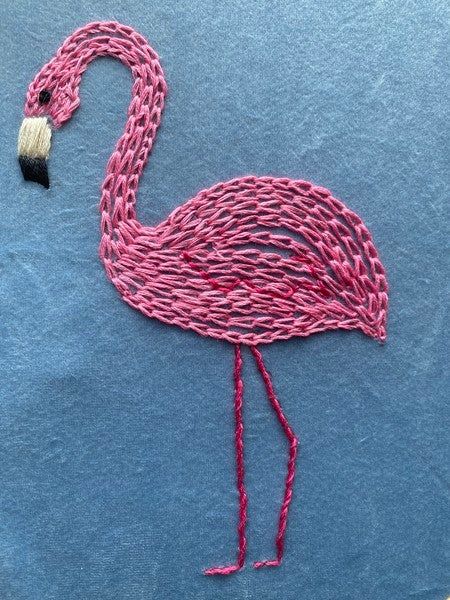 a pink flamingo is shown on a blue surface with red thread and a black object in its beak