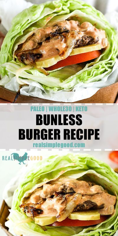 two images showing different types of burgers in lettuce wraps