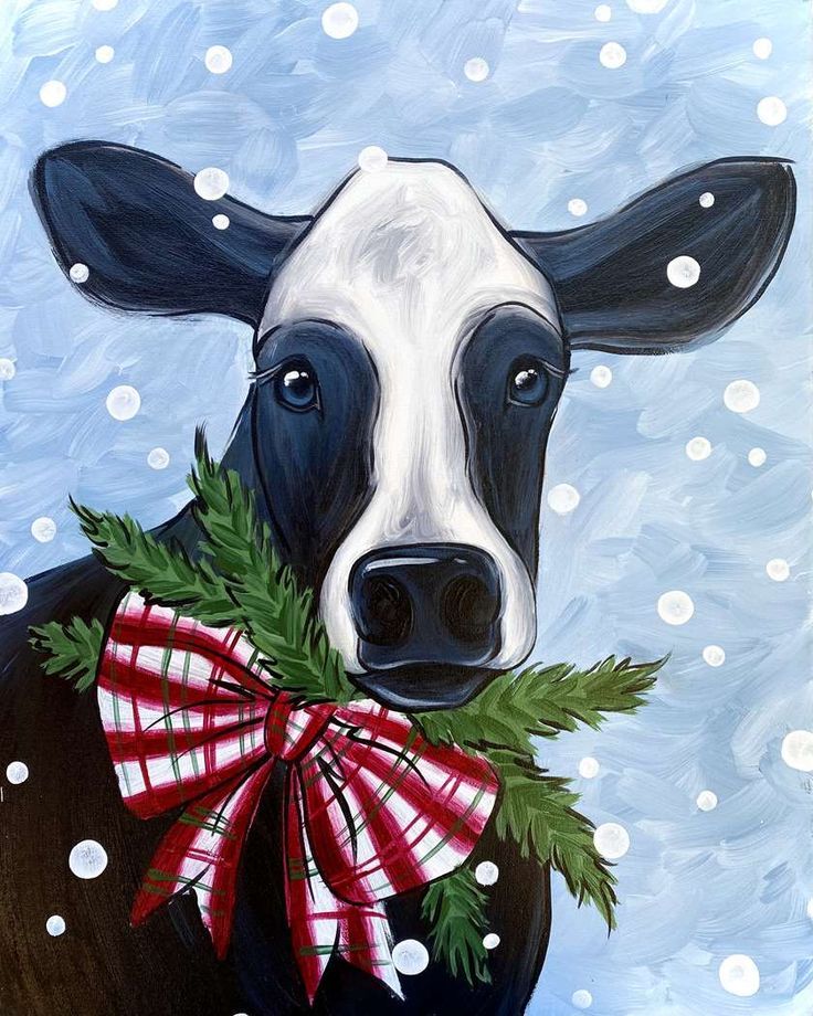 a painting of a black and white cow wearing a red bow