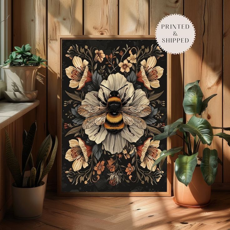 a bee is sitting on top of a flower in front of a wood paneled wall