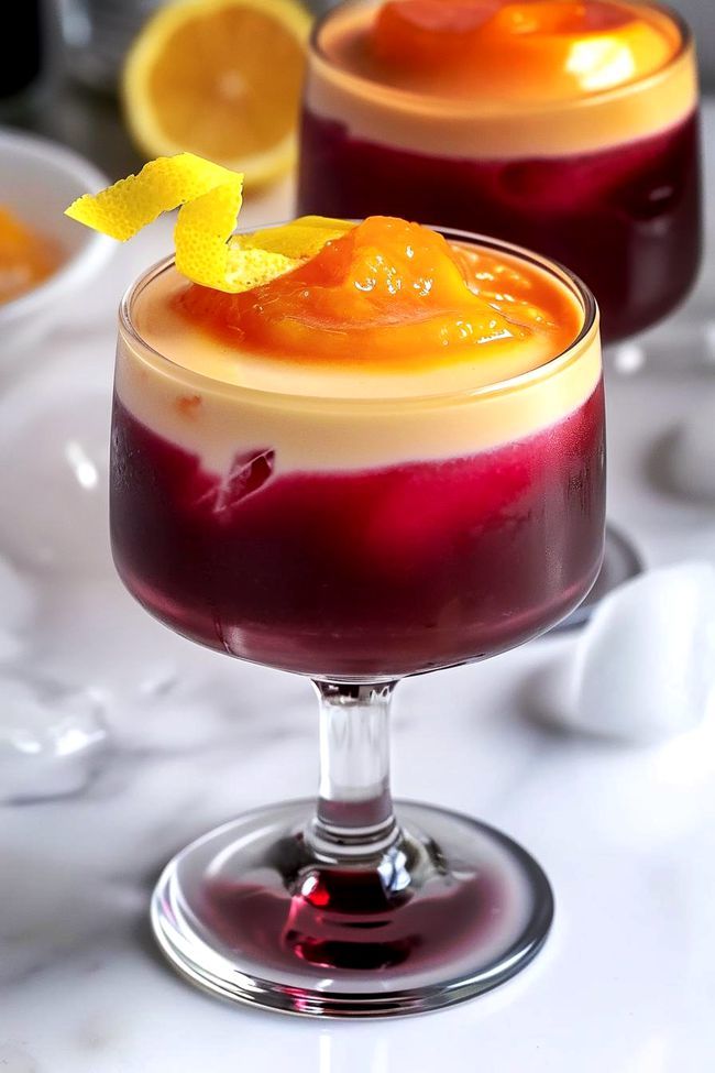 two glasses filled with drinks sitting on top of a white table next to orange slices