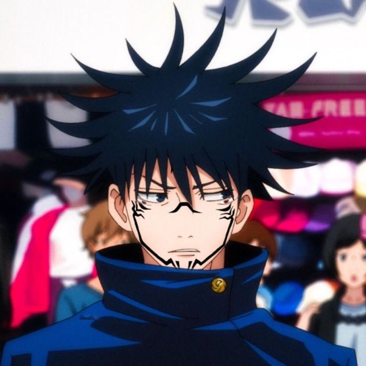 an anime character with black hair in front of other people and one man is staring at the camera