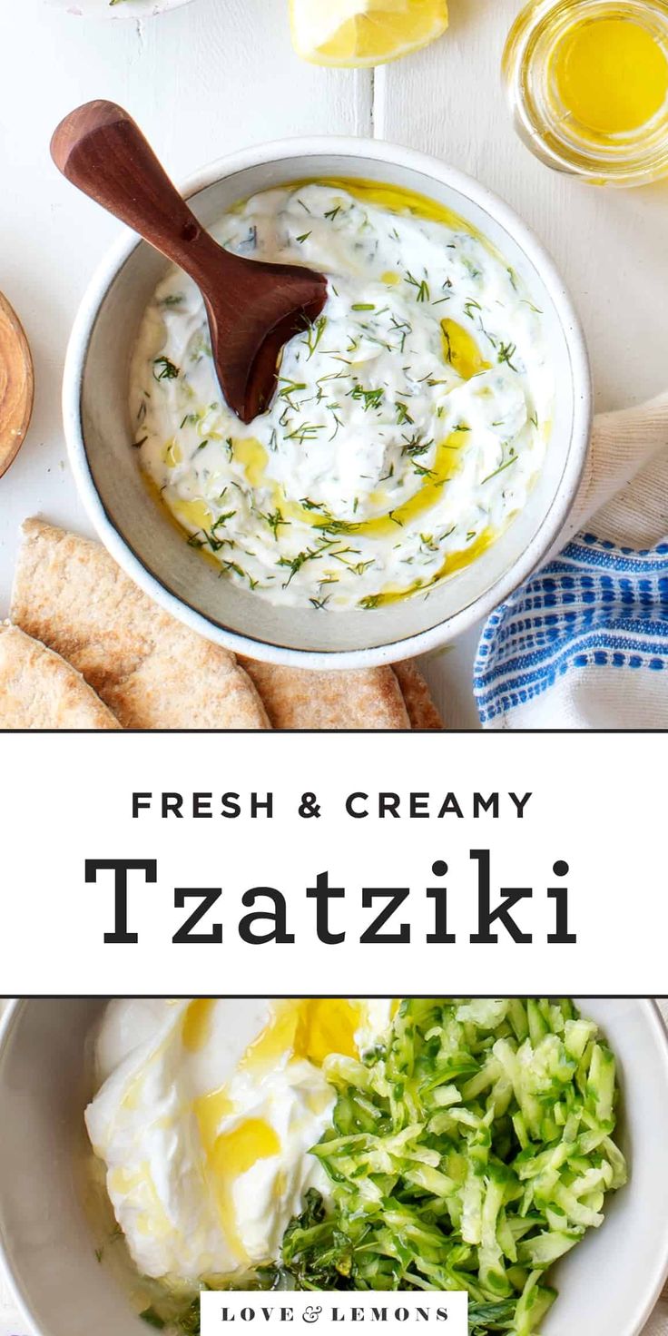 fresh and creamy tzatzziki dip with bread on the side