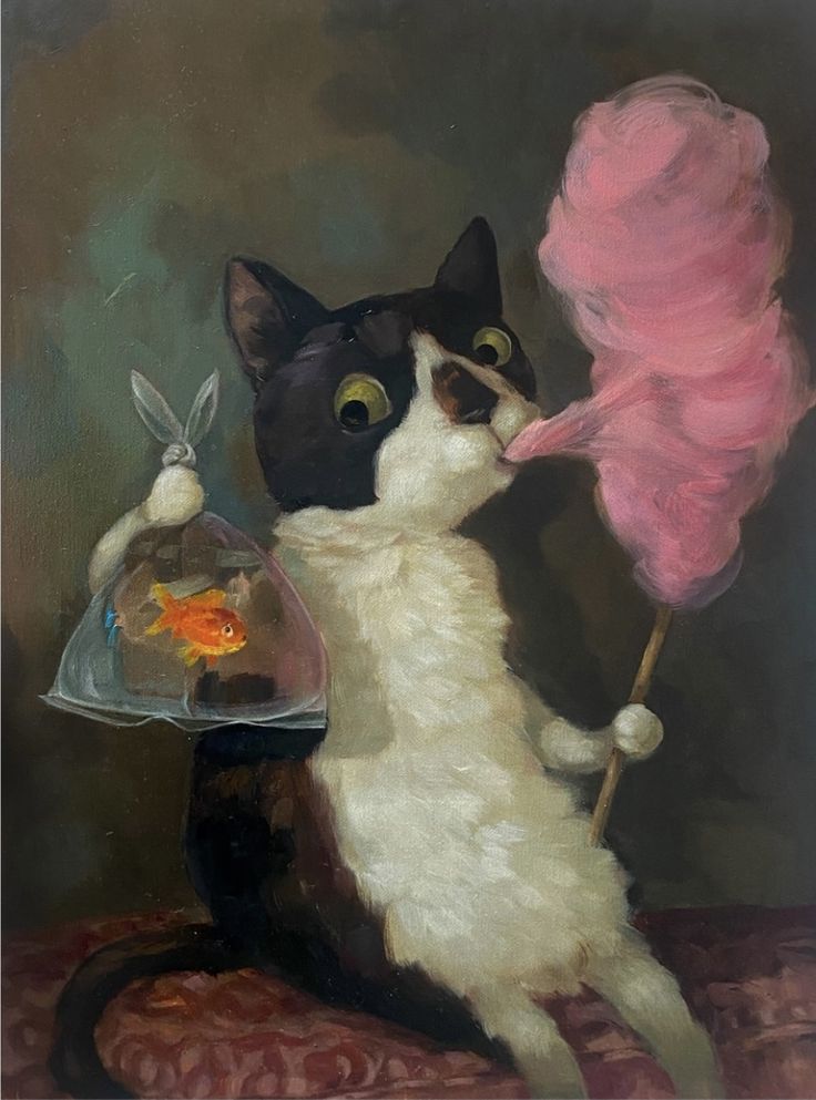 a painting of a cat holding a pink lollipop