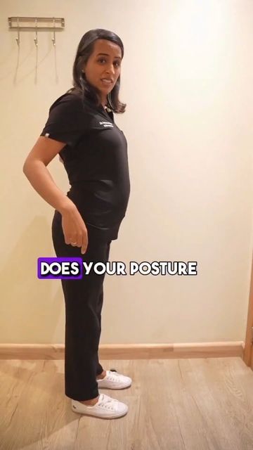 a pregnant woman standing in front of a wall with the words does your posture?