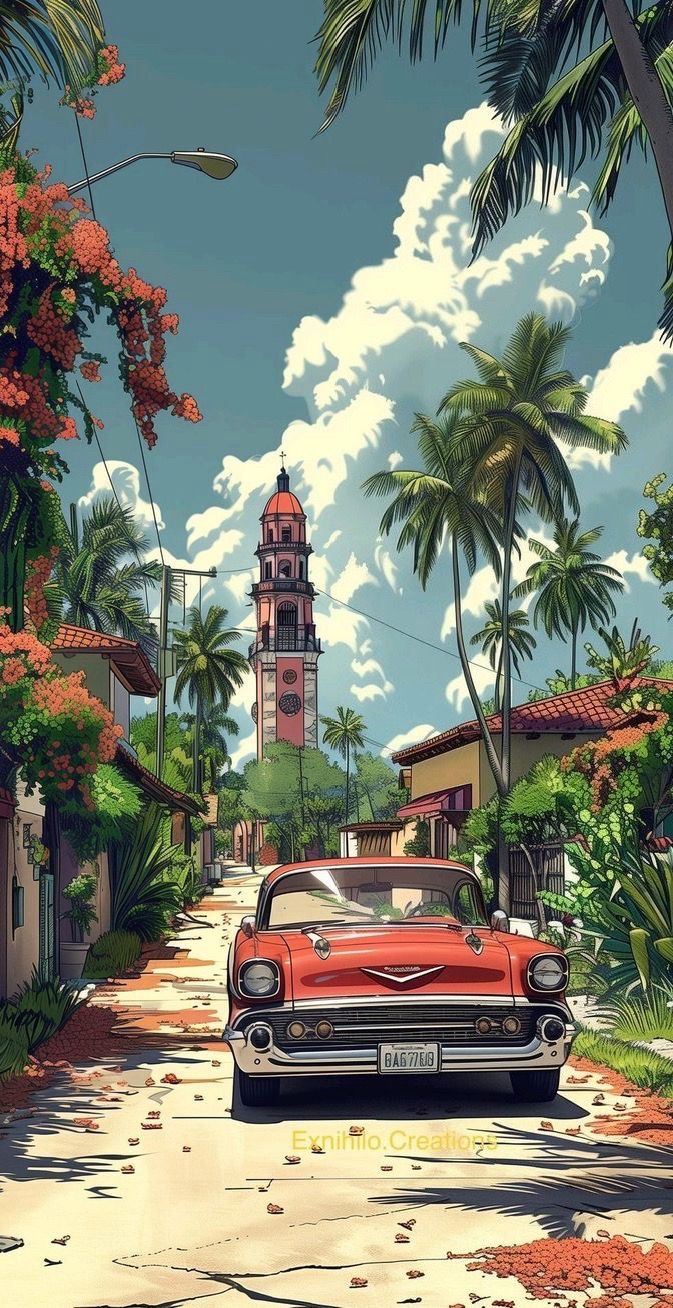 a red car driving down a street next to tall palm trees and a clock tower