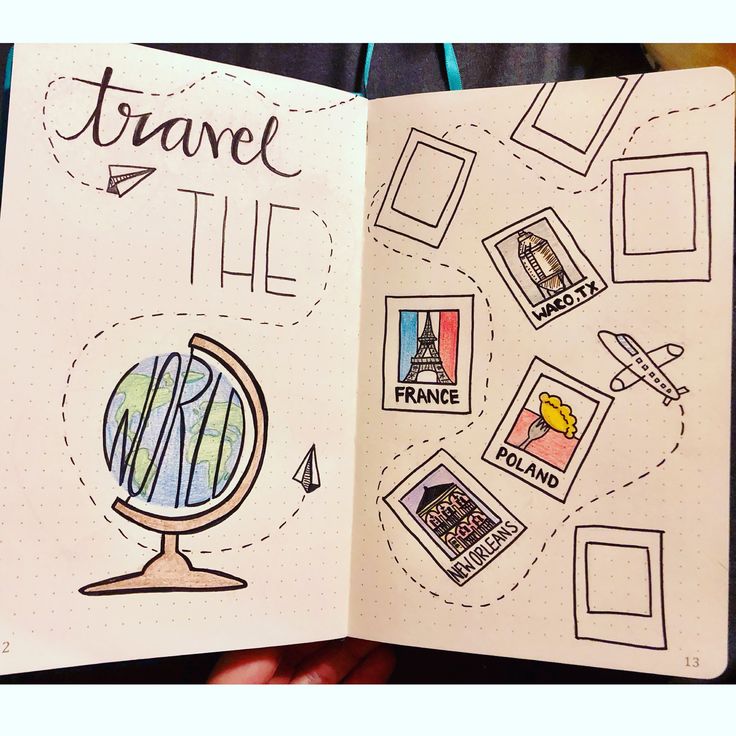 an open travel book with stamps and pictures on the pages that read, travel the world