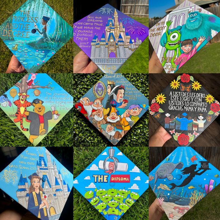 there are many different pictures of the same person holding up their disney world coasters