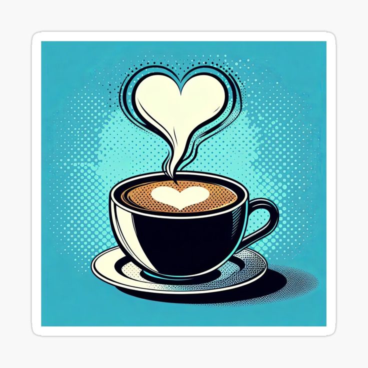 a cup of coffee with a heart shaped steam coming out of the top sticker