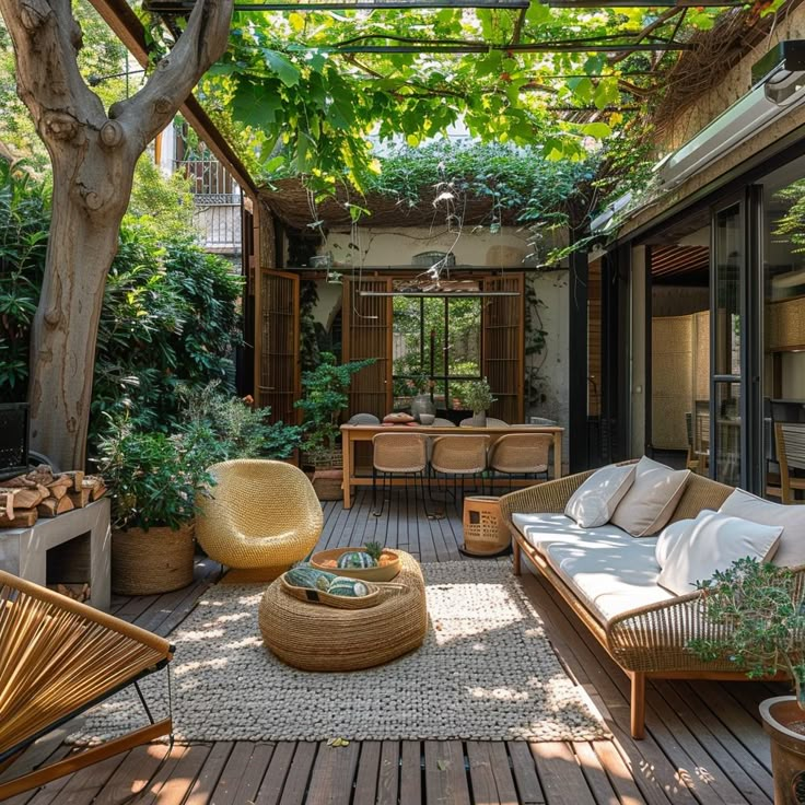 an outdoor living area with wicker furniture and potted plants on the decking