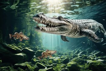 an alligator swimming in the water surrounded by other fish and plants, with sunlight shining down on it's head