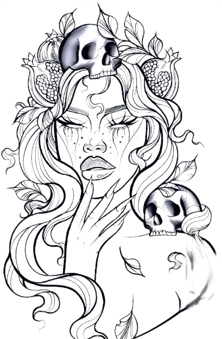 a drawing of a woman holding a skull with her face covered in flowers and leaves