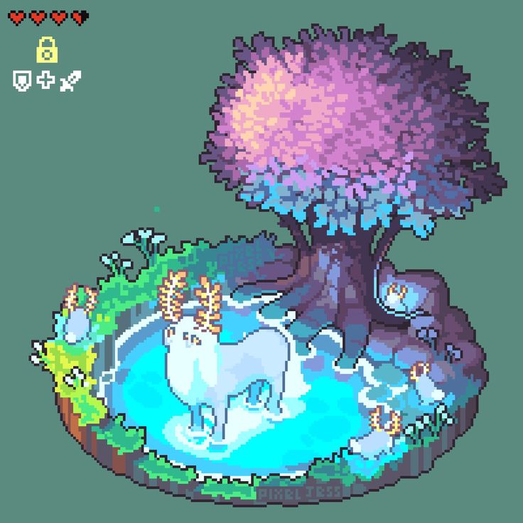 the pixel art shows an animal and tree