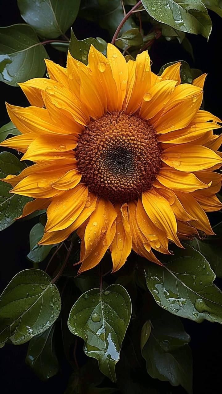 a large sunflower with green leaves and water droplets on it's petals, in front of a black background