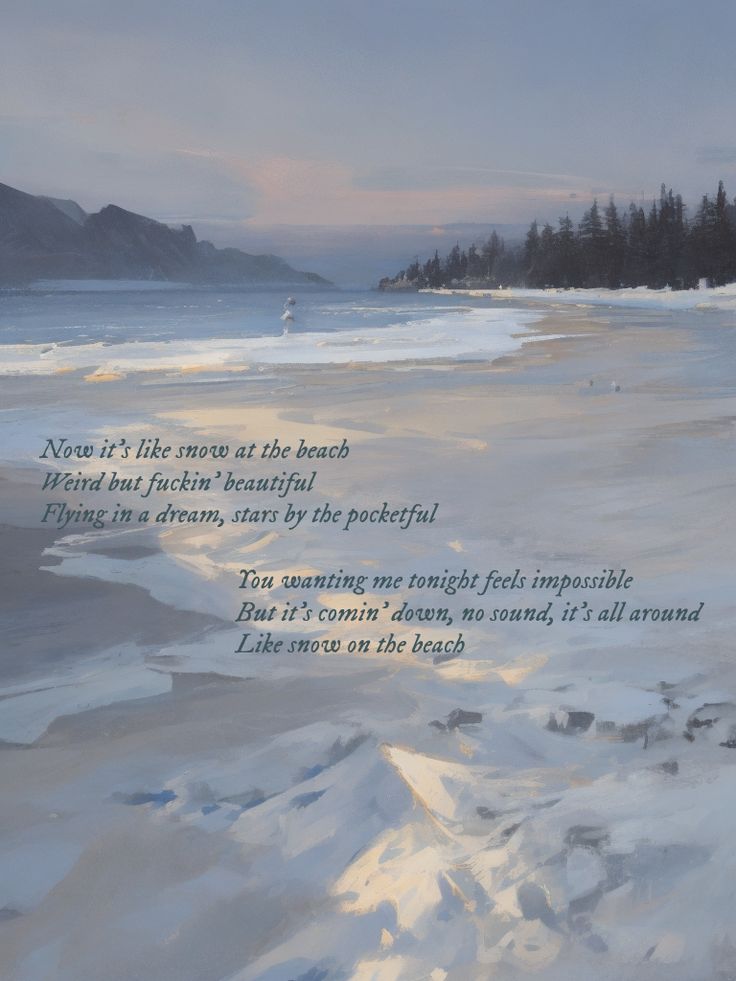 a painting of a beach with trees in the background and a poem written on it