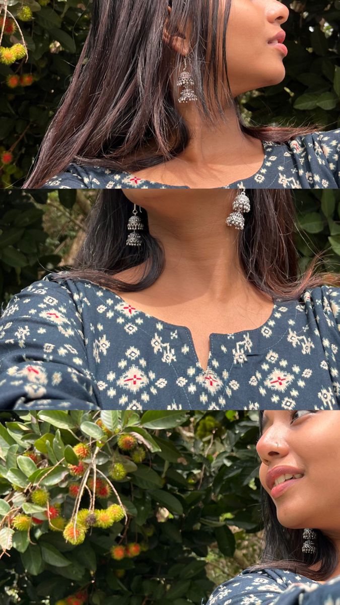 two pictures of a woman with long hair and earrings in front of some bushes, one has her hand on her shoulder