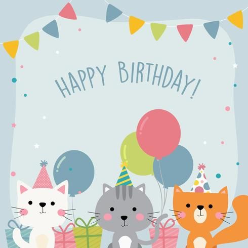 a birthday card with three cats and balloons