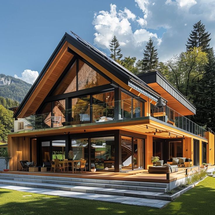 a large wooden house sitting on top of a lush green field next to a forest