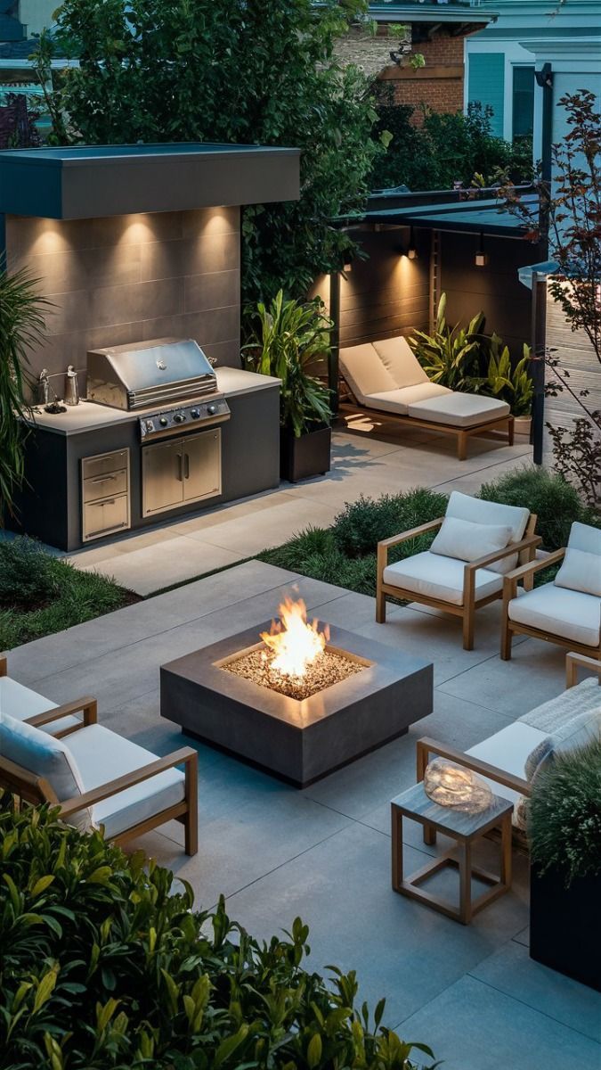 an outdoor patio with seating and fire pit