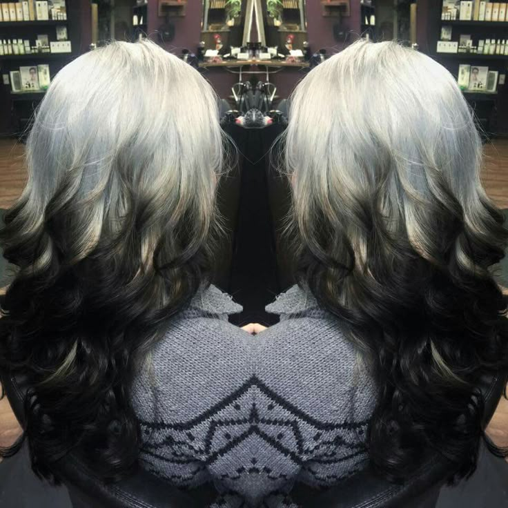 Silver reversed ombre= perfect winter look! Silver To Black Ombre Hair Reverse, Black And White Hair Color Ideas, Black And Grey Ombre Hair, White Hair With Black Tips, Reversed Ombre, Reverse Ombre Hair, Aesthetic Peach, Silver Ombre Hair, Reverse Ombre