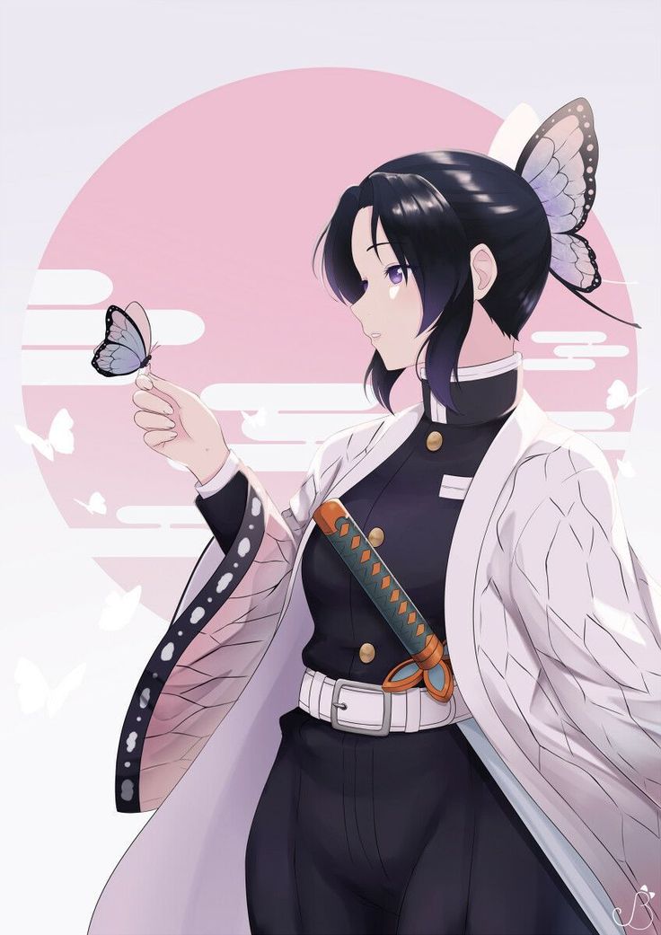 an anime character is holding a butterfly in her right hand and looking at the camera