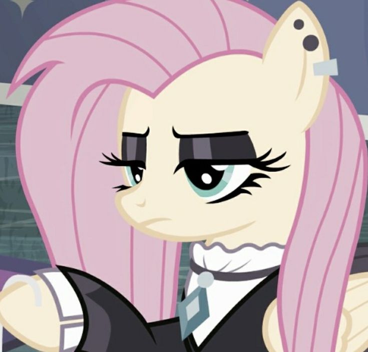 a pink haired pony with long hair wearing a tie and black dress, standing in front of a building