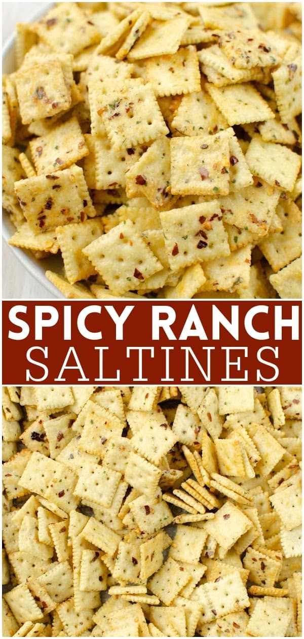 spicy ranch saltine crackers in a white bowl with text overlay that reads spicy ranch saltines