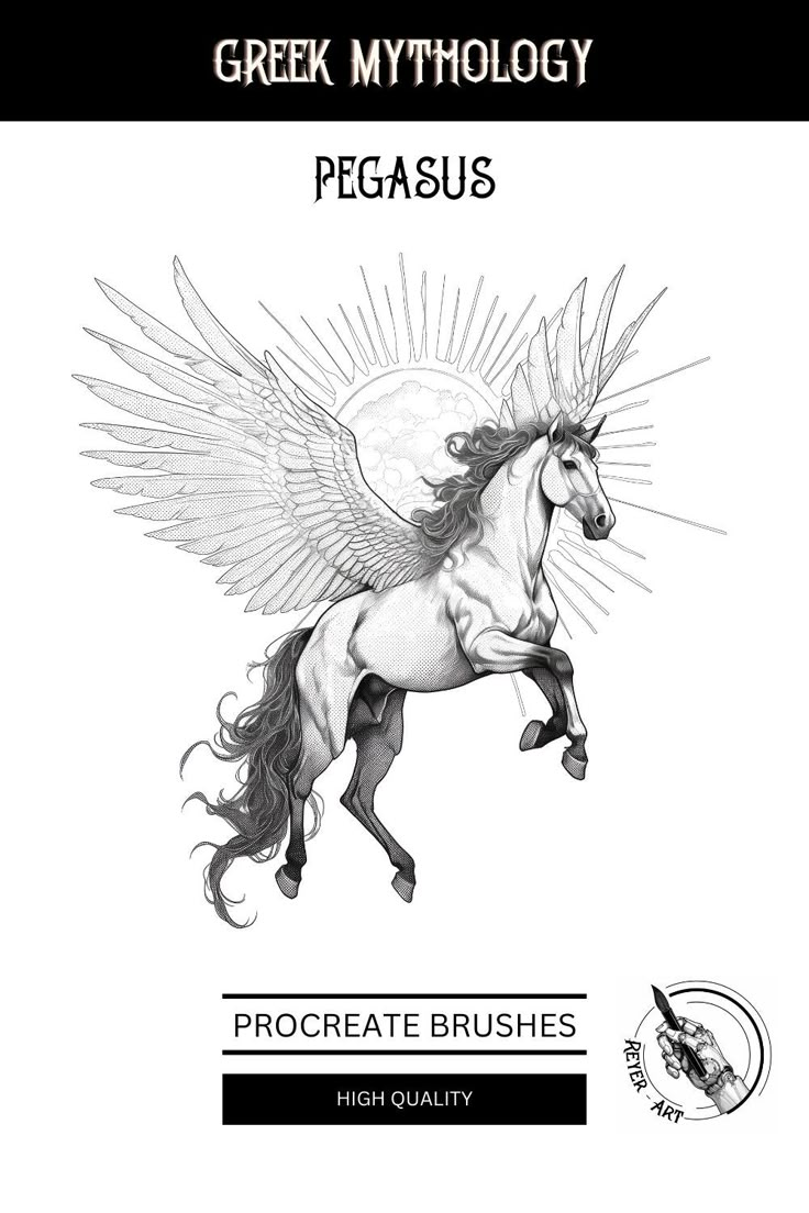 a white horse with wings on it's back and the words, greek mythology pegas