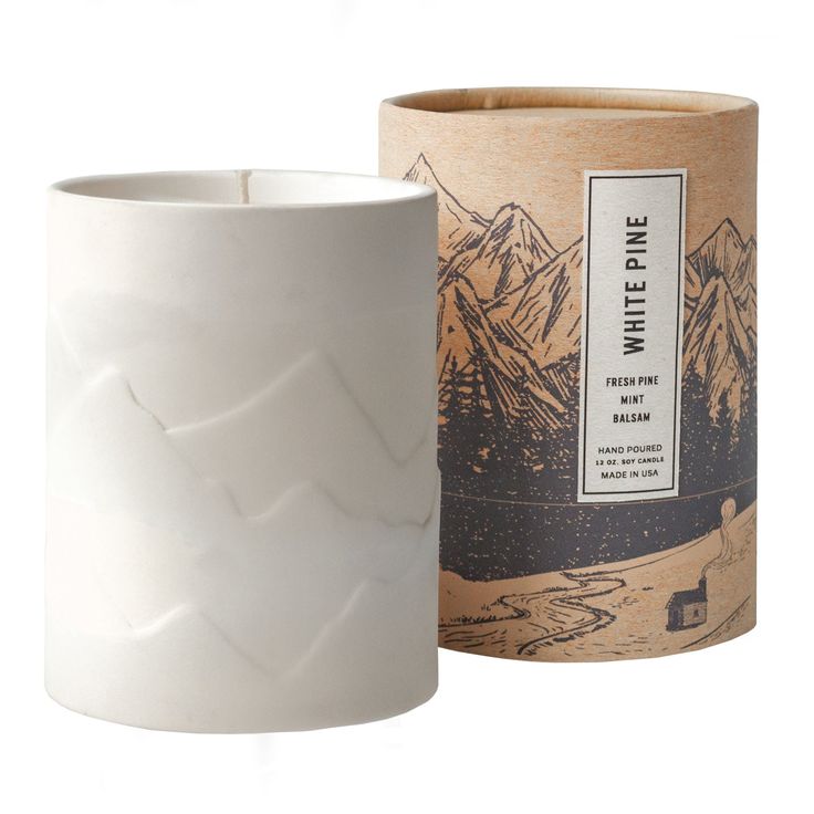 Feel at ease and connected to the wilderness when you light your 12 oz. White Pine porcelain mountain candle. With notes of fresh cut pine, mint and balsam. Candle is hand poured in a 12-ounce porcelain mountain embossed tumbler that is packaged in a kraft printed tube. When your candle is spent— be sure to wash the vessel out and reuse as a planter, decorative vase, or trinket holder for continued enjoyment! Burn Time: 70-80 hours Hand poured in small batches with soy wax, premium fragrance and Feather Candle, Boy Candle, Pine Candle, Clove Leaf, Candle Luminaries, Lemon Candle, Paper Candle, Moon Candle, Soy Candle Making