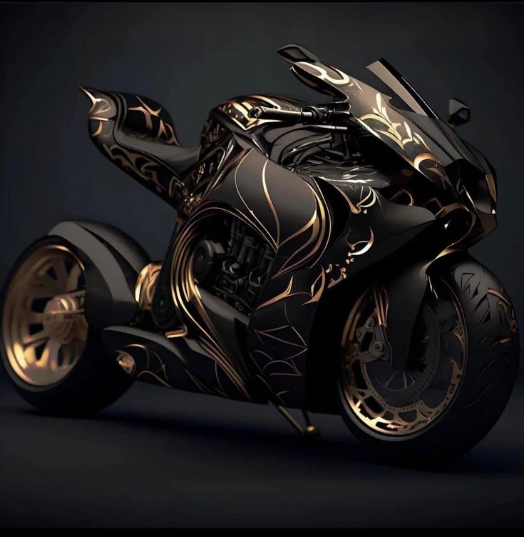 a black and gold motorcycle is shown on a dark background in this image, it appears to be an intricately designed bike