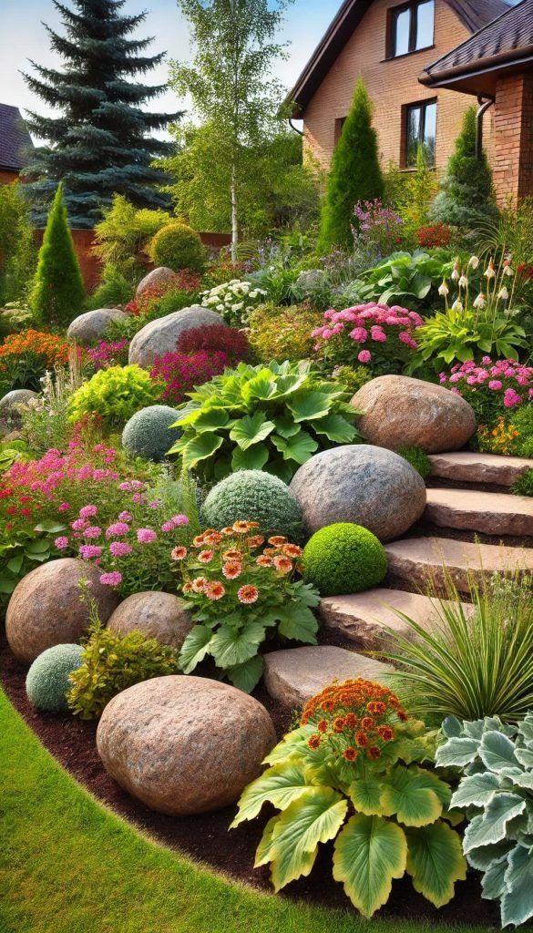 a garden filled with lots of flowers and rocks