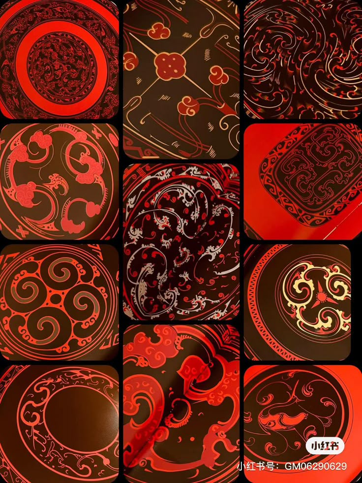 some red and black plates with designs on them