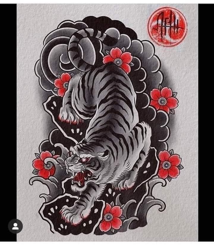 an image of a tiger with red flowers on it's chest and the letter h