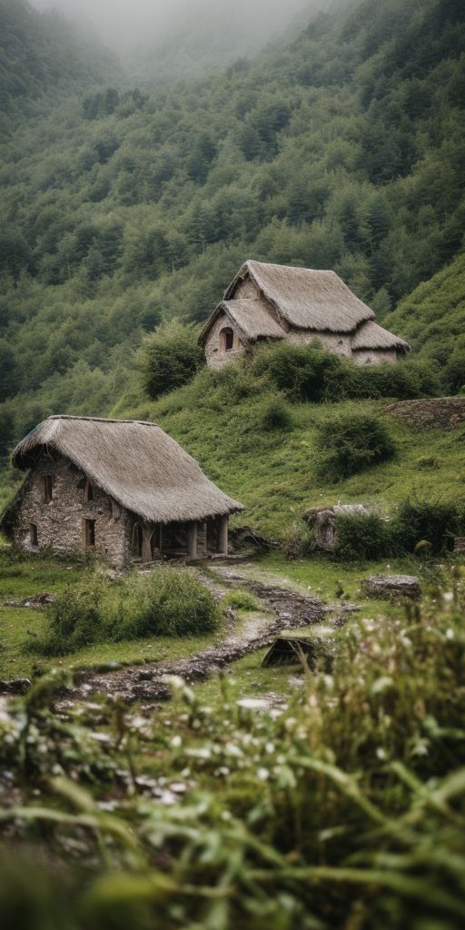 an old stone house with thatched roof in the middle of a green mountain range