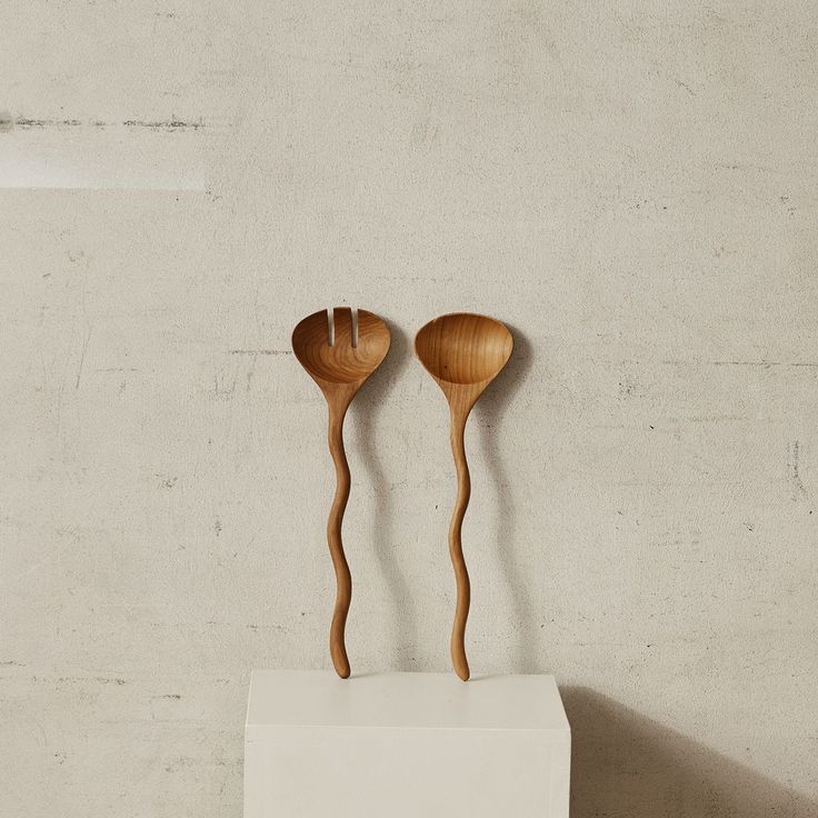 two wooden spoons sitting on top of a white block