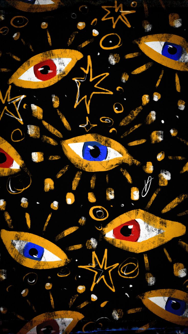 an artistic painting with blue, red and yellow eyeballs on black background in the style of abstract art