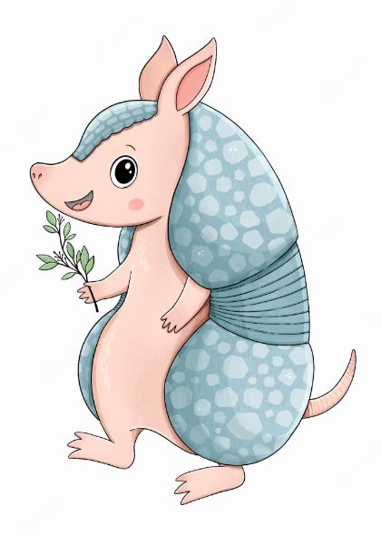 a cartoon mouse with a blue blanket on its back, holding a plant in it's paws