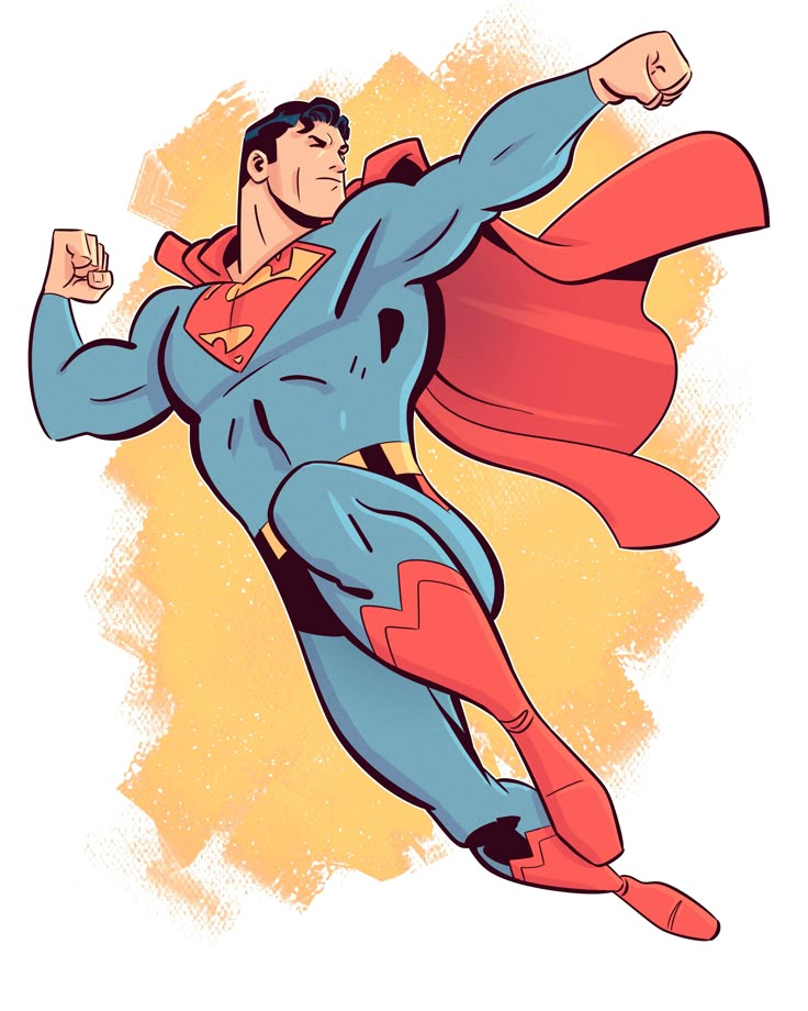 a man in a superman costume flying through the air with his arms out and hands up