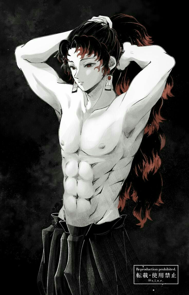 an anime character with long hair and no shirt on, holding his hands behind his head