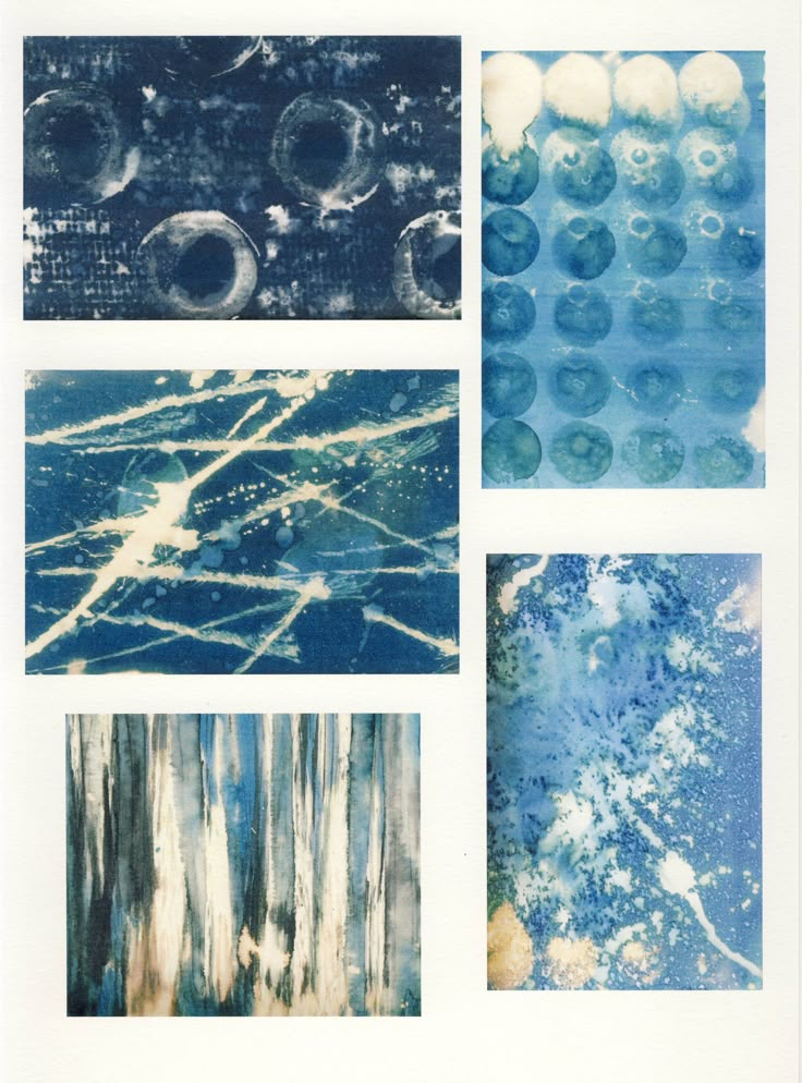 four different images of blue and white marbled paper with circles, bubbles, and dots