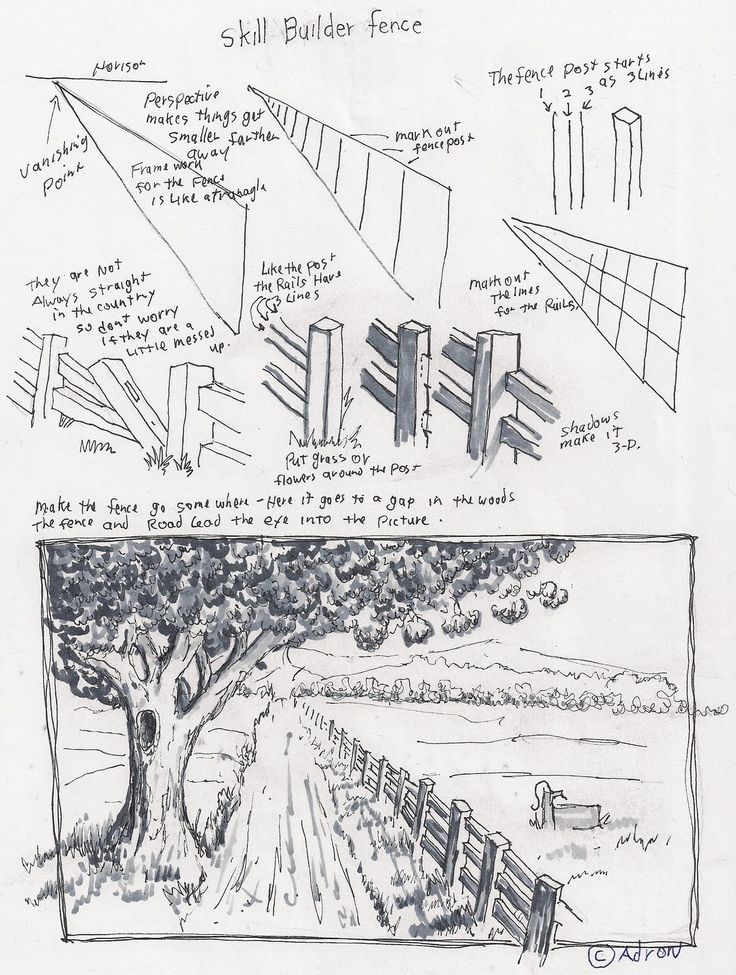 two drawings of trees, fence and other things that are in the process of being drawn