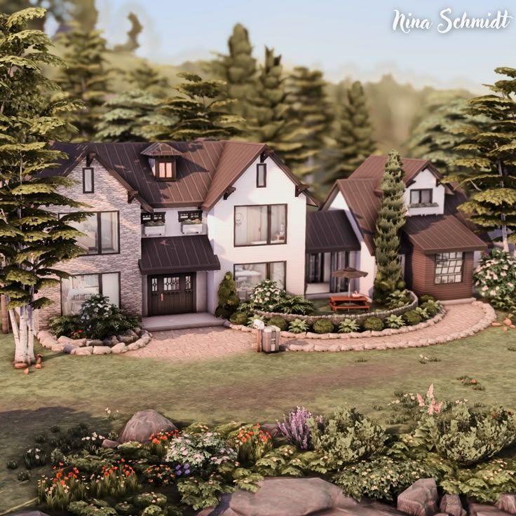 this is an artist's rendering of a house in the woods with lots of trees