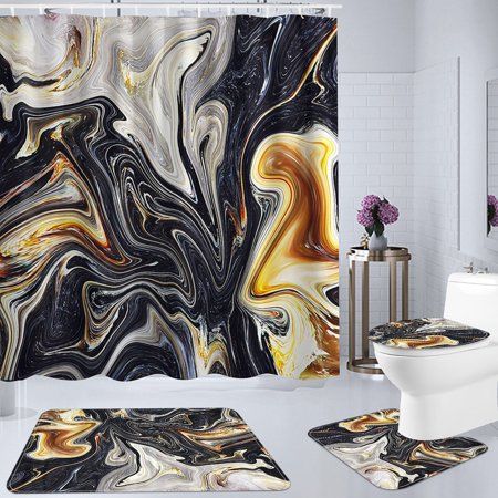 a white toilet sitting next to a bath tub covered in black and yellow shower curtains