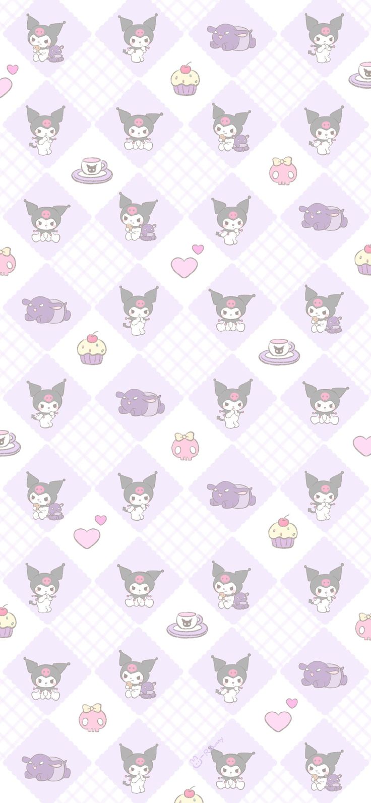 a pattern with cats and donuts on it in pastel purple, pink and white