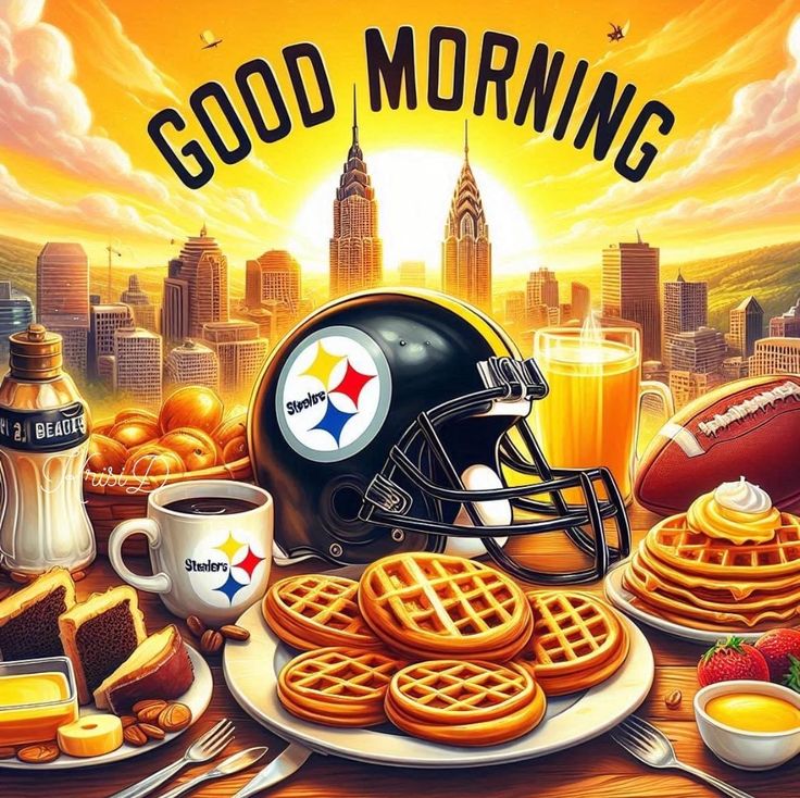 a painting of a football helmet, waffles, and other food on a table