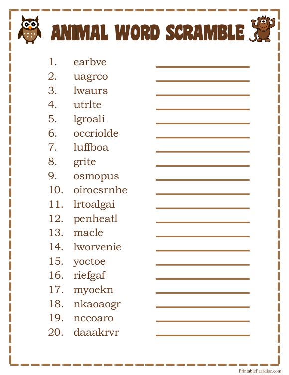 an animal word scramble is shown in brown