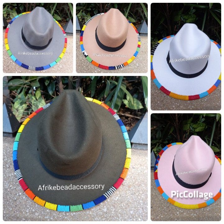 Beautifully beaded Set of 5 fedora hats. They contain the beadwork at the edge all round Available in different colours and all you need is to tell us your preferred colours.  Wholesale for more than 5 fedoras also available  Free shipping Is also an added advantage and its via DHL EXPRESS Beaded Hats, Fedora Fashion, Beaded Hat Bands, African Accessories, Beaded Hat, Hey Dudes, Native Beadwork, Ribbon Shirt, Fedora Hats