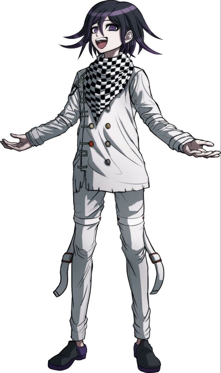 an anime character with black hair and white clothes, holding his arms out to the side